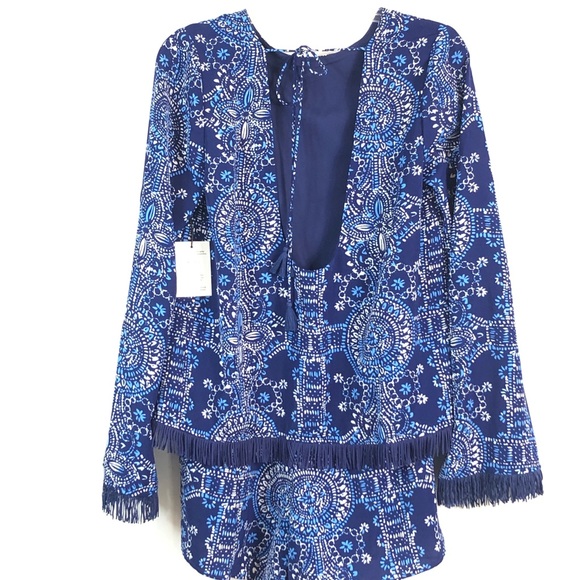 Mott 50 Chase the Sun SPF Blue & White Fringe NEW Bohemian Swim Fashion Romper - Picture 9 of 10